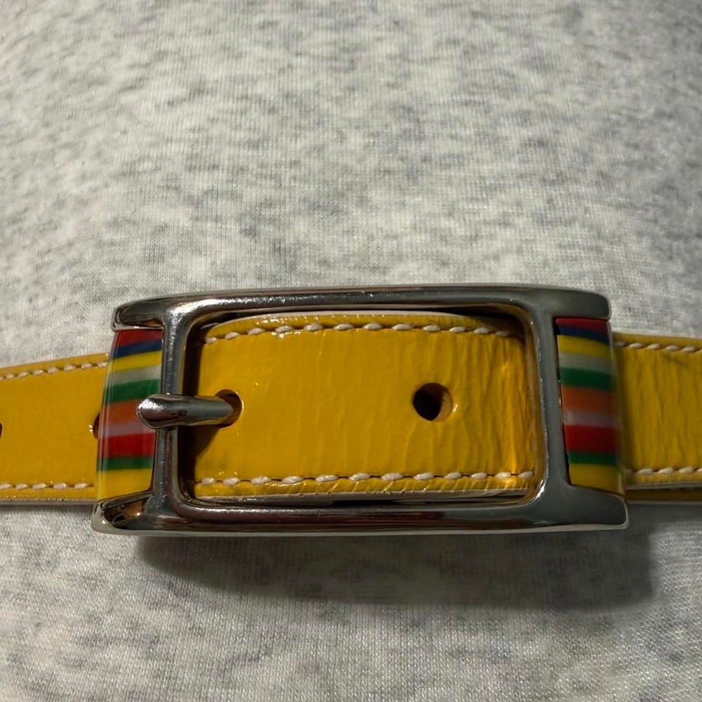 Vintage Fossil Yellow Patent Leather Belt Rainbow Stripe Buckle Y2K Size Small